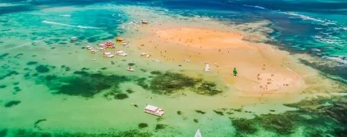A Ilha Areia Vermelha tem   águas calmas e cristalinas, ideais para quem deseja relaxar, apreciar a vida marinha e desfrutar de petiscos e bebidas