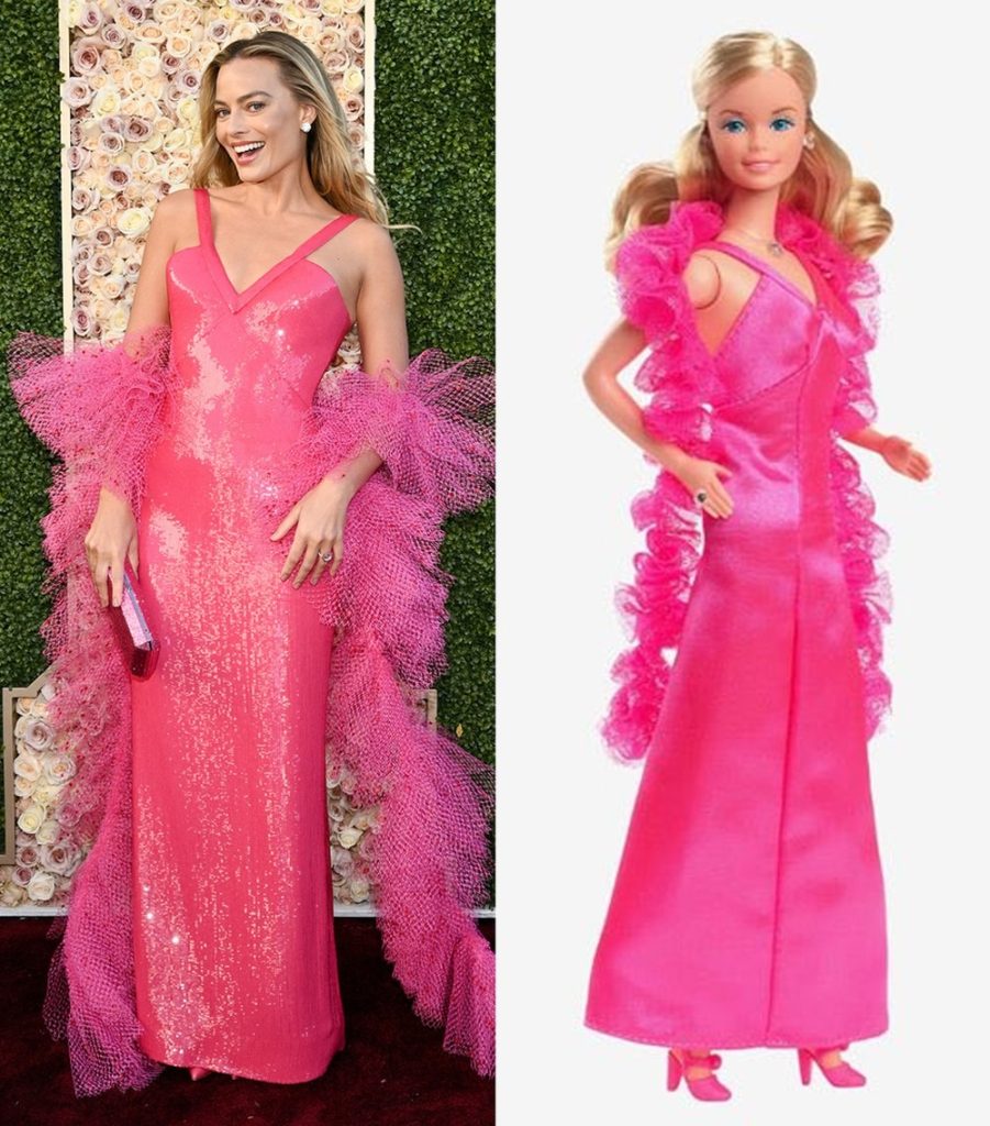 Margot Robbie, estrela de Barbie, vestida como a Barbie SuperStar, no Globo de Ouro - Foto: Divulgação