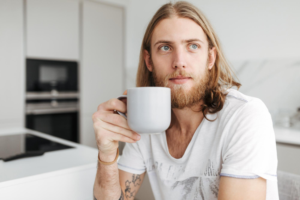 portrait young man sitting with mug hand dreamily looking aside kitchen home