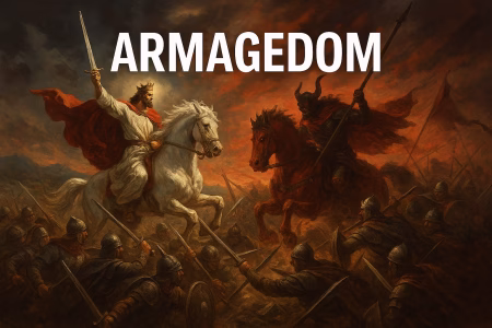 Representação artística do Armagedom, ilustrando o confronto simbólico entre as forças do bem e do mal descrito no livro do Apocalipse. A imagem, gerada por inteligência artificial, retrata o embate final com elementos inspirados na iconografia medieval e na literatura escatológica cristã.