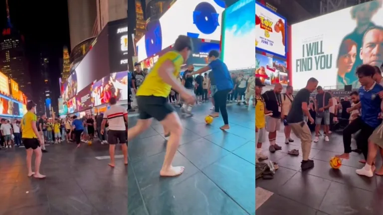 Em clima de Copa, goiano viraliza ao jogar ‘pelada’ na Times Square, em Nova York